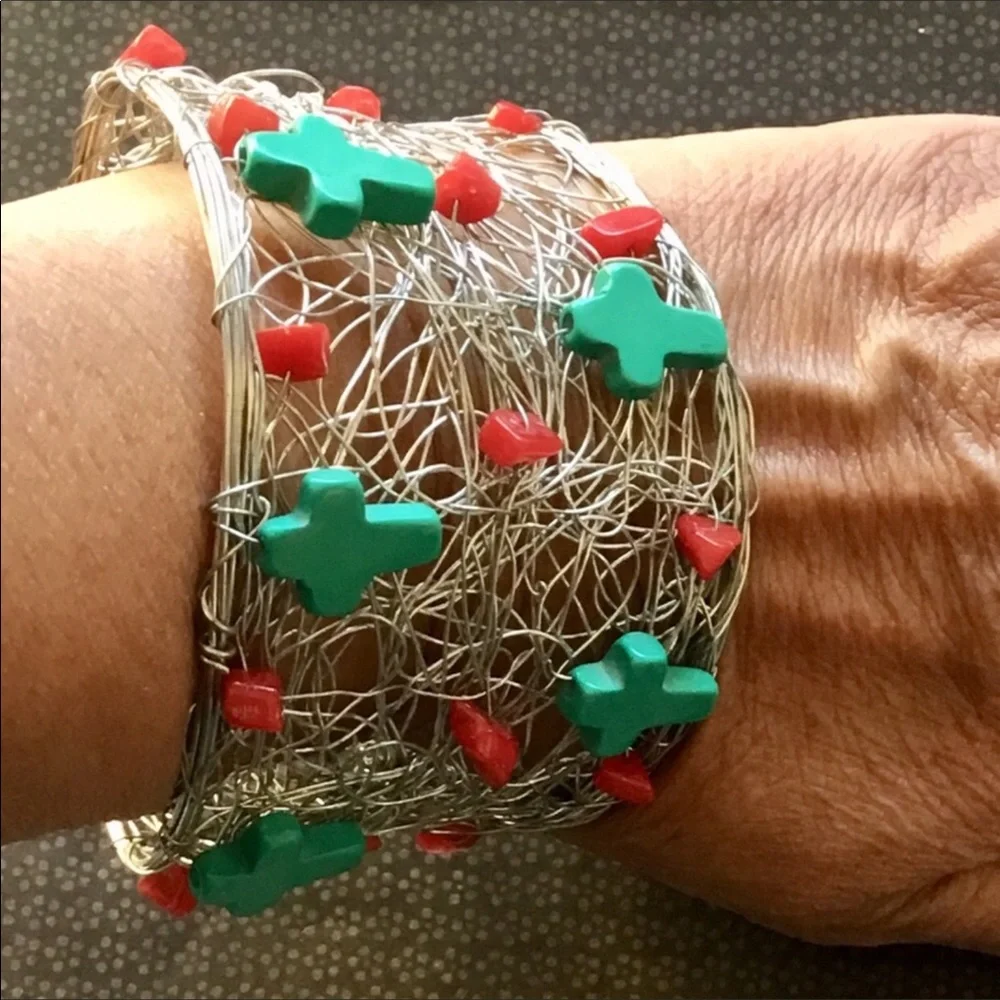 Turquoise & Red Agate Gemstone Free Form Cuff